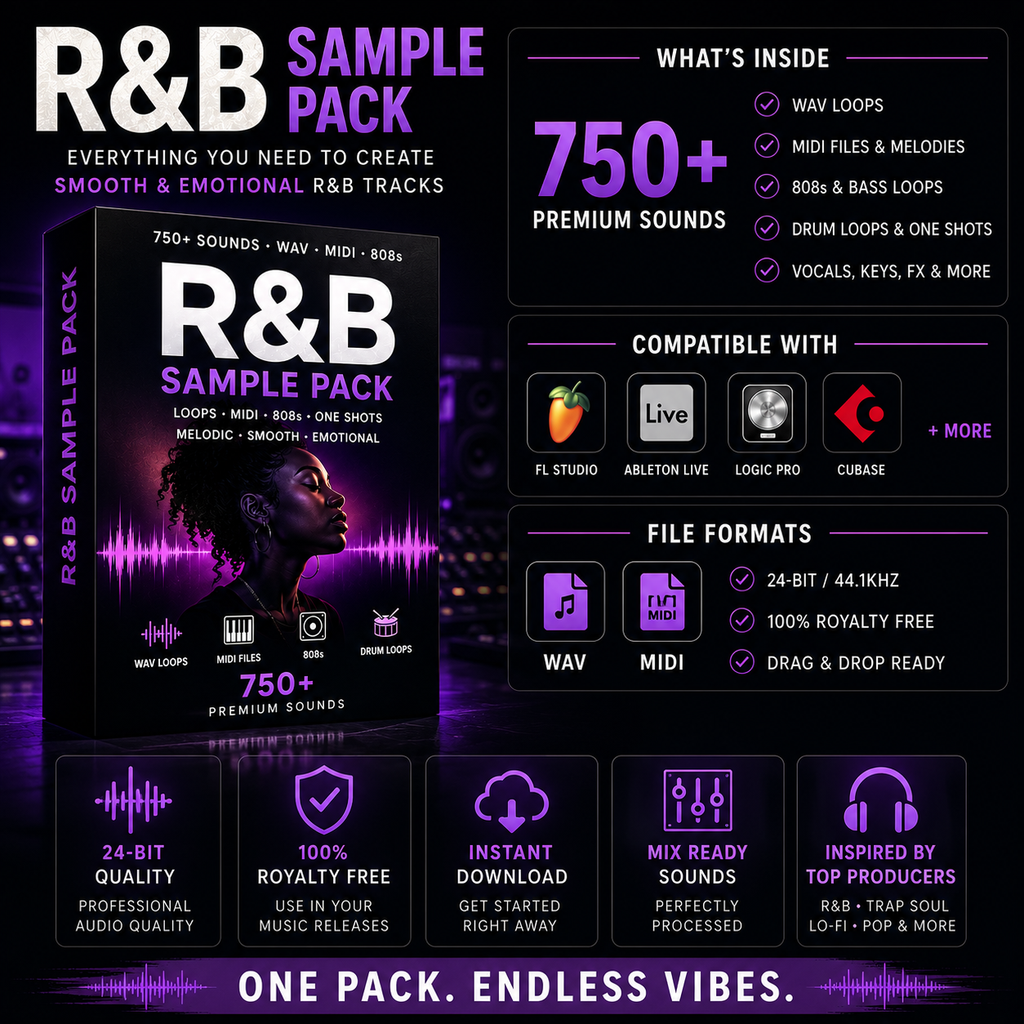 A promotional graphic for an R&B sample pack, featuring a large product box labeled 'R&B SAMPLE PACK' on the left and marketing text on the right. The design uses black, purple, and magenta tones, with icons and text describing included audio loops, compatible software, file formats, and quality claims.
