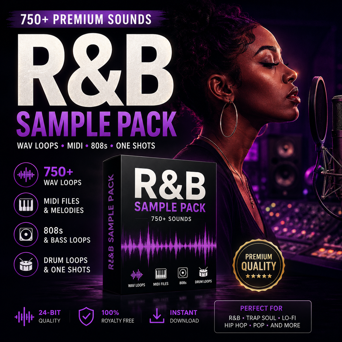 Promotional graphic for an R&B sample pack with a large title, a woman singing into a microphone, and a product box labeled 'R&B SAMPLE PACK' on a dark studio background with purple lighting.