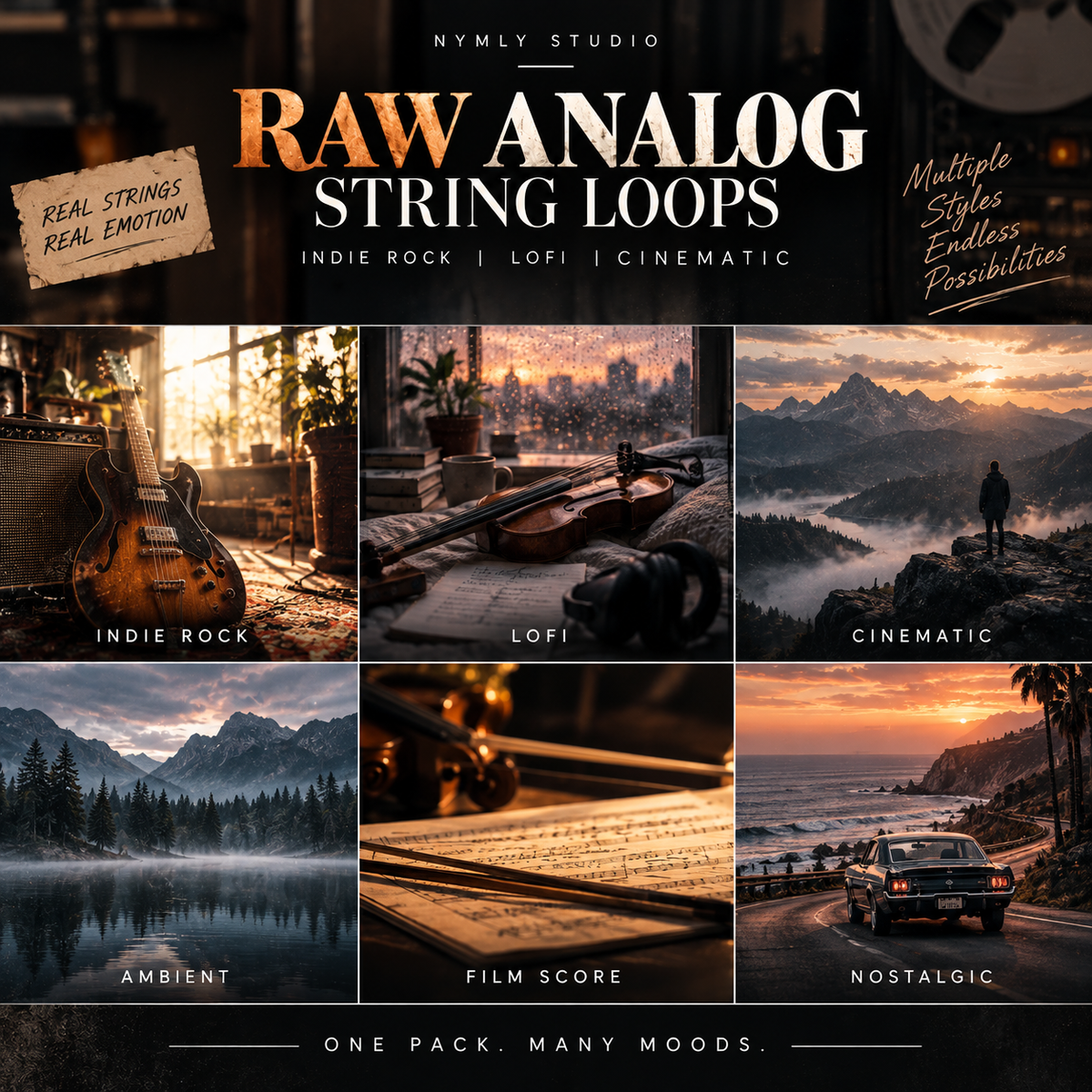 Promotional graphic for a digital audio sample pack titled 'RAW ANALOGIC STRING LOOPS' by Nymly Studio. The design features a dark, warm, cinematic aesthetic with six square panels showing musical instruments and scenic landscapes under labels: Indie Rock, Lofi, Cinematic, Ambient, Film Score, and Nostalgic.