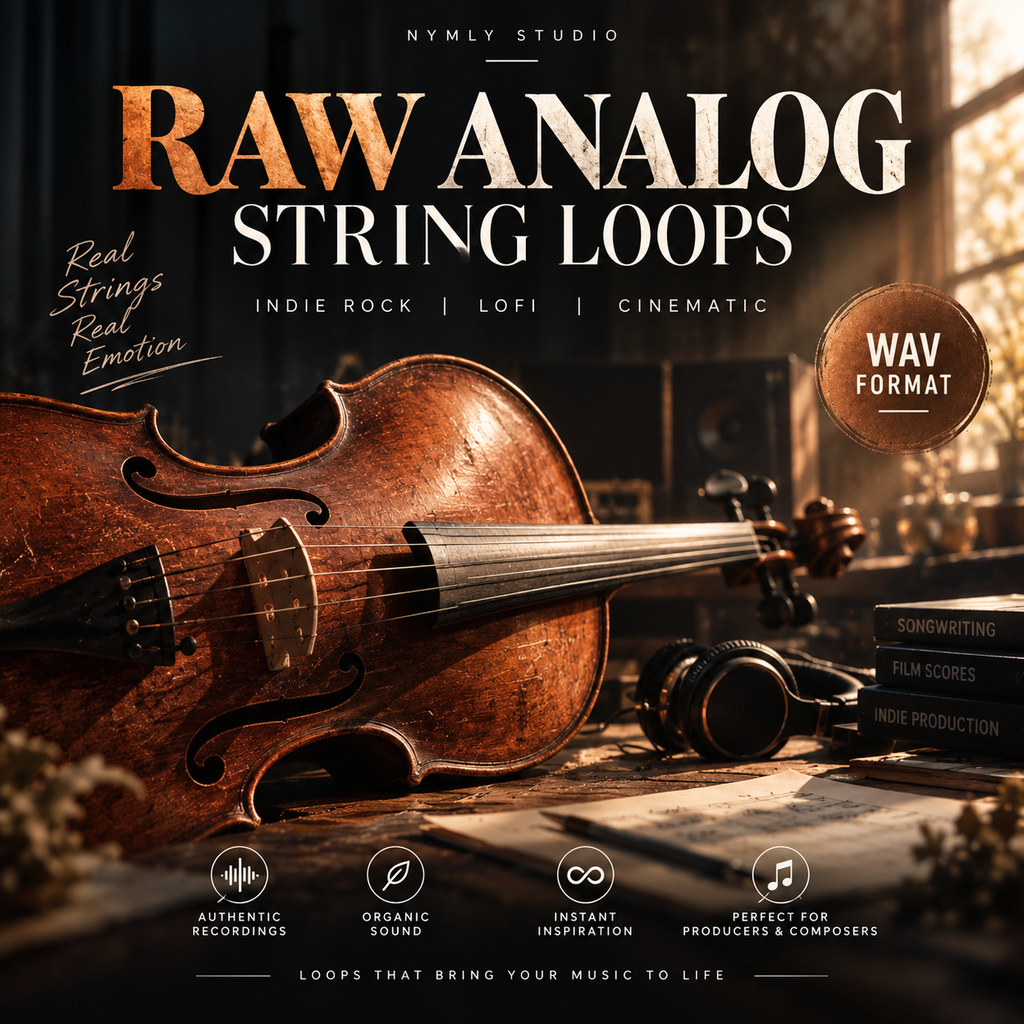 Promotional cover art for 'RAW ANALOGIC STRING LOOPS' by Nymly Studio, featuring a warm brown cello on a rustic wooden table with headphones, books, and vintage-style typography. Text highlights 'Real Strings, Real Emotion,' 'Indie Rock | Lofi | Cinematic,' and 'WAV format.