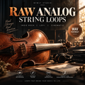 Promotional cover art for 'RAW ANALOGIC STRING LOOPS' by Nymly Studio, featuring a warm brown cello on a rustic wooden table with headphones, books, and vintage-style typography. Text highlights 'Real Strings, Real Emotion,' 'Indie Rock | Lofi | Cinematic,' and 'WAV format.