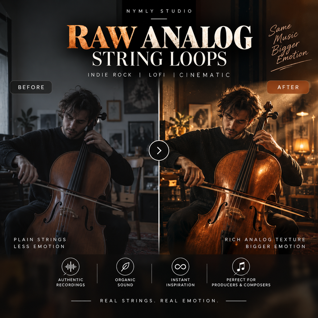 Promotional graphic for a digital audio plugin called 'Raw Analog String Loops' by Nymly Studio, showing a side-by-side comparison of a cellist playing in a dimly lit room labeled 'Before' and 'After'.