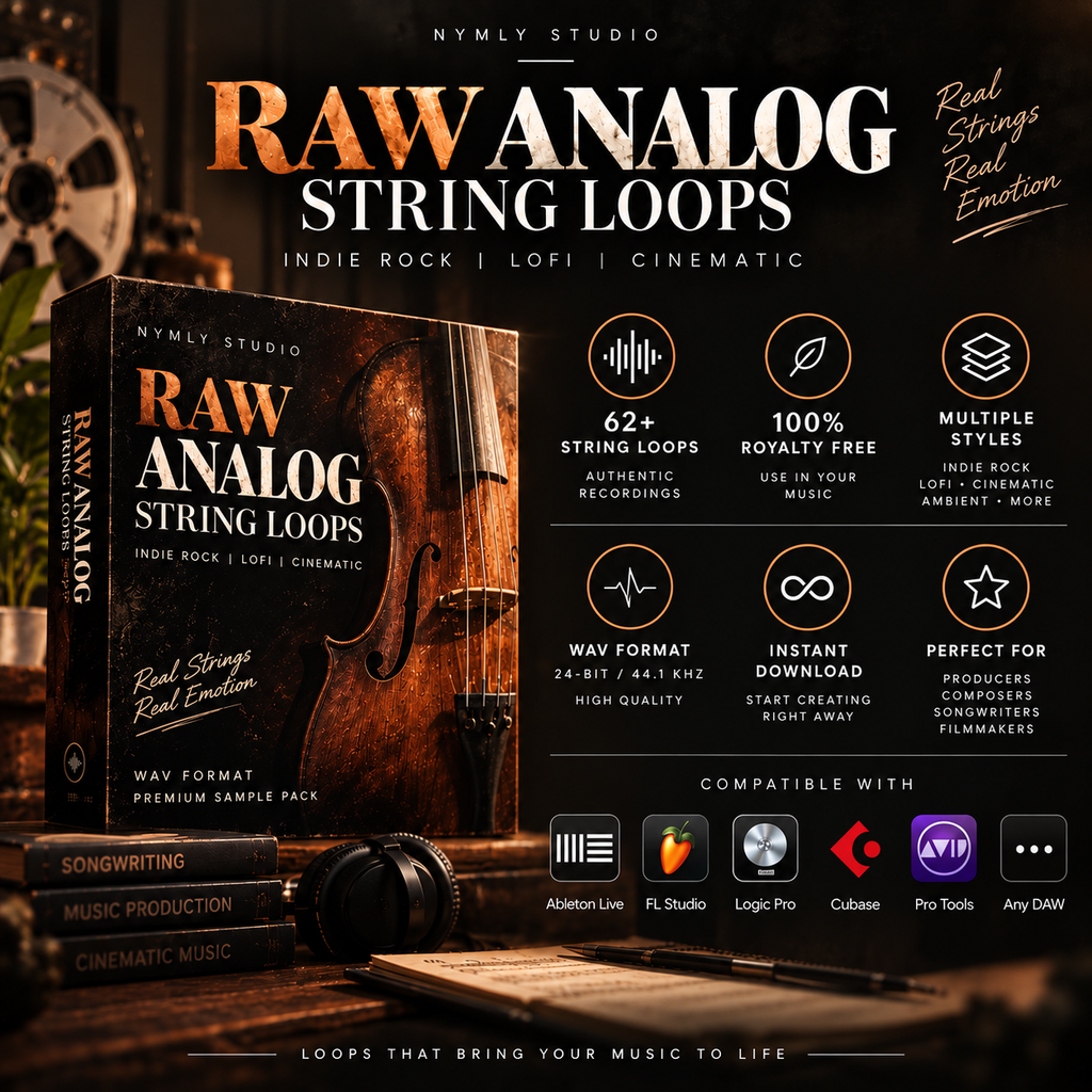 Promotional graphic for 'Raw Analog String Loops' by Nymly Studio, showing a vinyl-style sample pack box with a violin illustration, surrounded by music production software logos and feature icons on a dark textured background.
