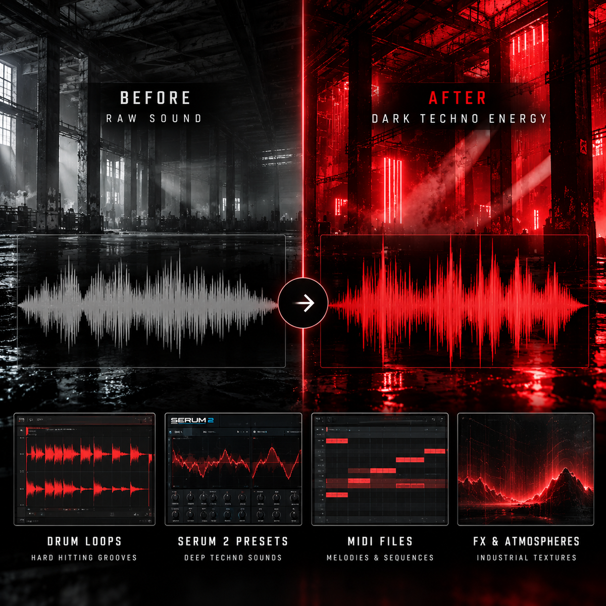 Promotional graphic for a dark techno sound design bundle, showing a split comparison between a dark industrial warehouse scene labeled 'BEFORE' in grayscale and 'AFTER' in red. A large red audio waveform sits in the center, with four feature panels below labeled drum loops, serum 2 presets, midi files, and fx & atmospheres.