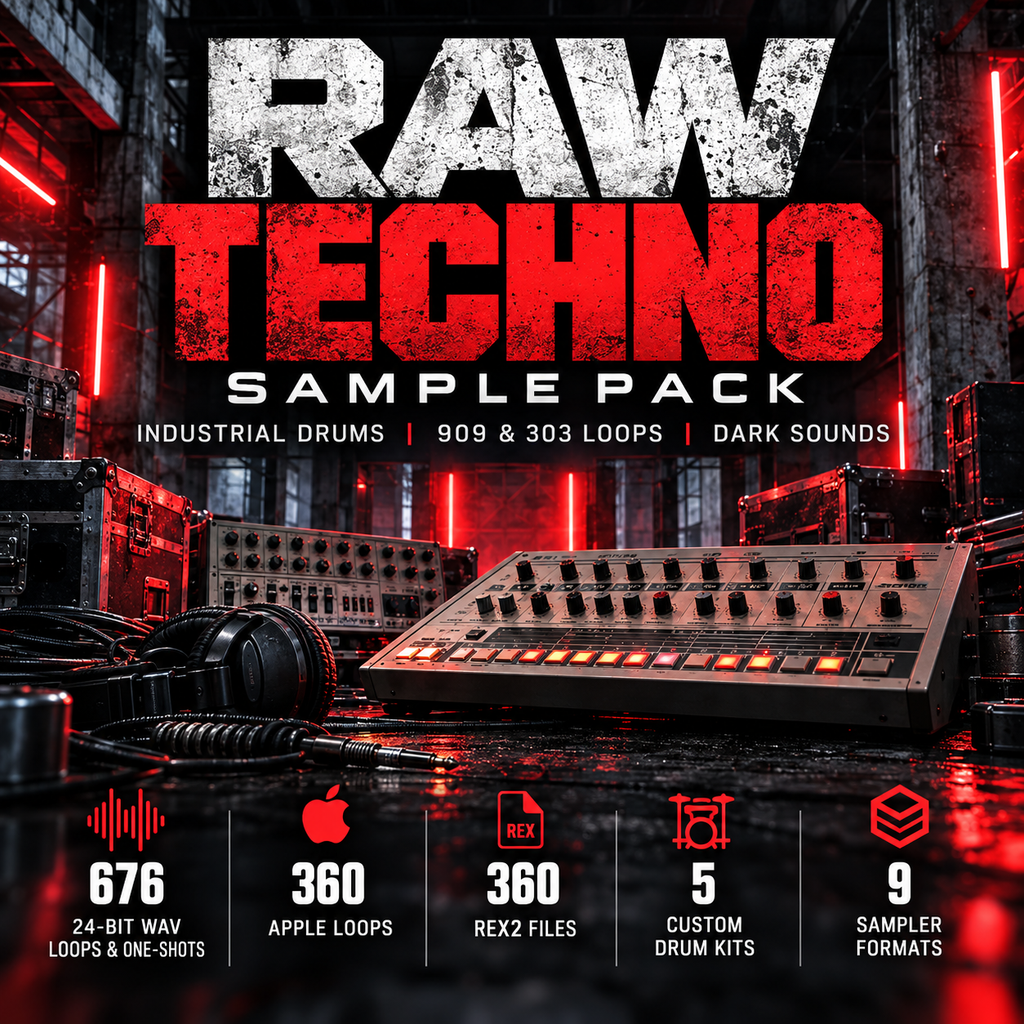 Promotional cover art for a 'RAW TECHNO SAMPLE PACK' featuring industrial drums, 909 & 303 loops, and dark sounds. The design uses a dark, gritty industrial theme with red neon lights, a mixing board, and headphones, with text detailing the sample pack's contents and file formats at the bottom.