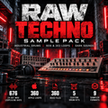 Promotional cover art for a 'RAW TECHNO SAMPLE PACK' featuring industrial drums, 909 & 303 loops, and dark sounds. The design uses a dark, gritty industrial theme with red neon lights, a mixing board, and headphones, with text detailing the sample pack's contents and file formats at the bottom.