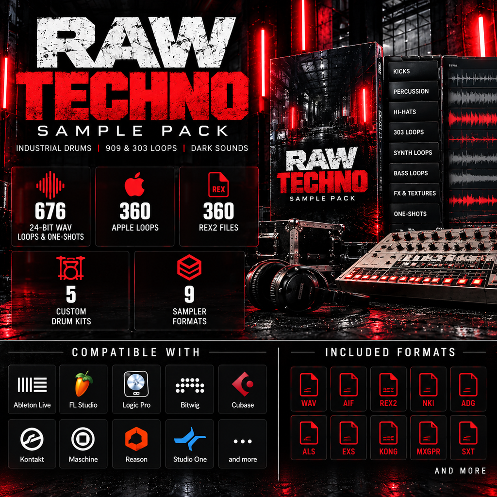 Promotional graphic for a 'Raw Techno Sample Pack' digital audio library, featuring a dark, high-contrast techno club scene with red neon lights, a mixing console, a sampler keyboard, and various compatibility and format icons.