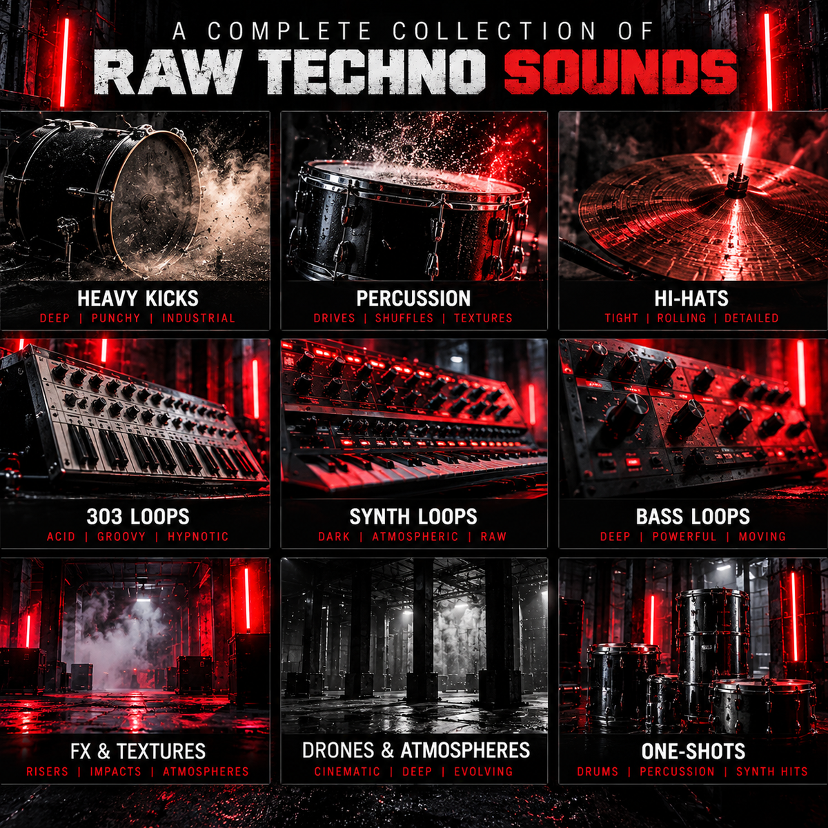 A promotional collage for a music sample pack titled 'A Complete Collection of Raw Techno Sounds,' showing nine dark, industrial-themed panels with drums, cymbals, synthesizers, bass loops, FX textures, drones, and one-shots in red and black lighting.