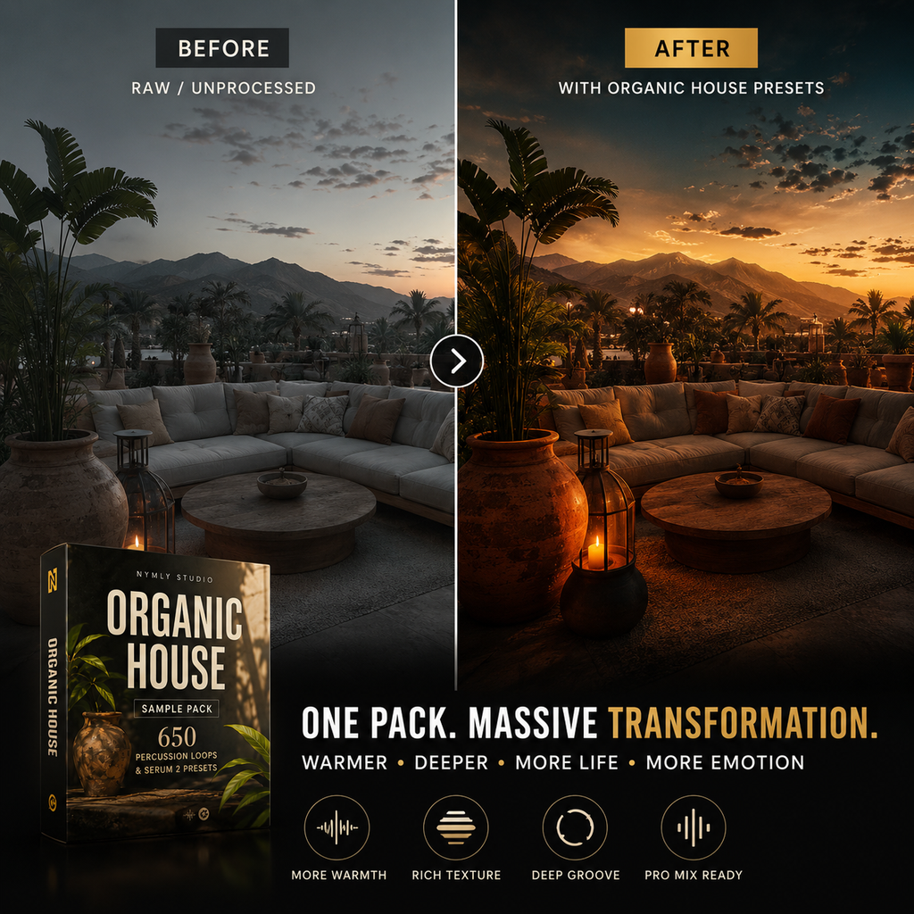 Promotional graphic for a preset pack showing a split before/after sunset scene on a rooftop terrace with lounge seating and plants, plus a boxed product cover labeled Organic House and marketing text about warmer, deeper, more life, and more emotion.