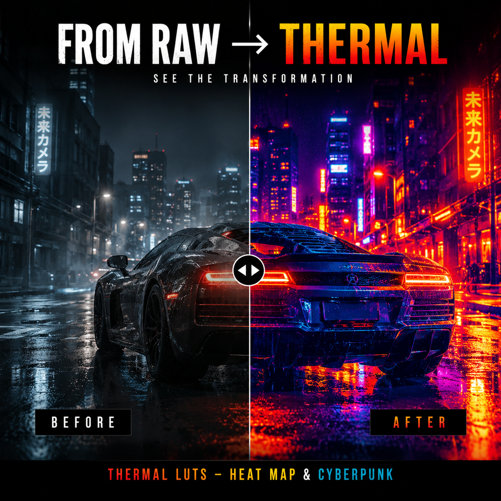Before-and-after comparison graphic showing a sports car in a rainy city street, with a dark raw-style night scene on the left labeled BEFORE and a vivid neon-lit thermal-style scene on the right labeled AFTER. Large text at the top reads 'FROM RAW → THERMAL' and the bottom text says 'THERMAL LUTS - HEAT MAP & CYBERPUNK'.