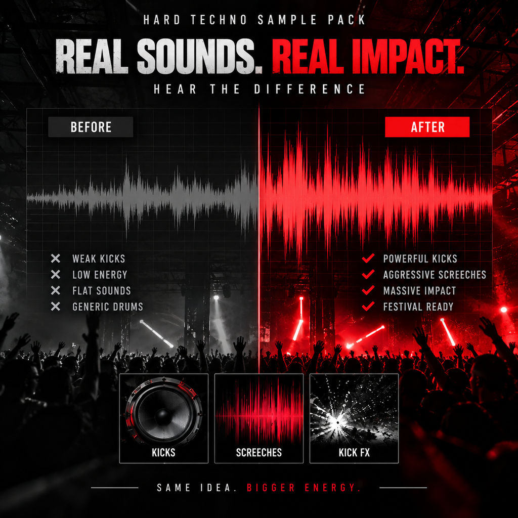 Promotional graphic for a hard techno sample pack titled 'Real Sounds. Real Impact.