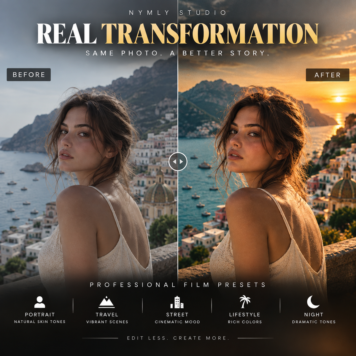 Promotional graphic for a photo editing preset pack by Nymly Studio, showing a side-by-side 'Before' and 'After' comparison of a woman's portrait with dramatic warm lighting and a coastal city background. Text at the bottom lists portrait, travel, vibrant scenes, cinematic mood, rich colors, and night tones.