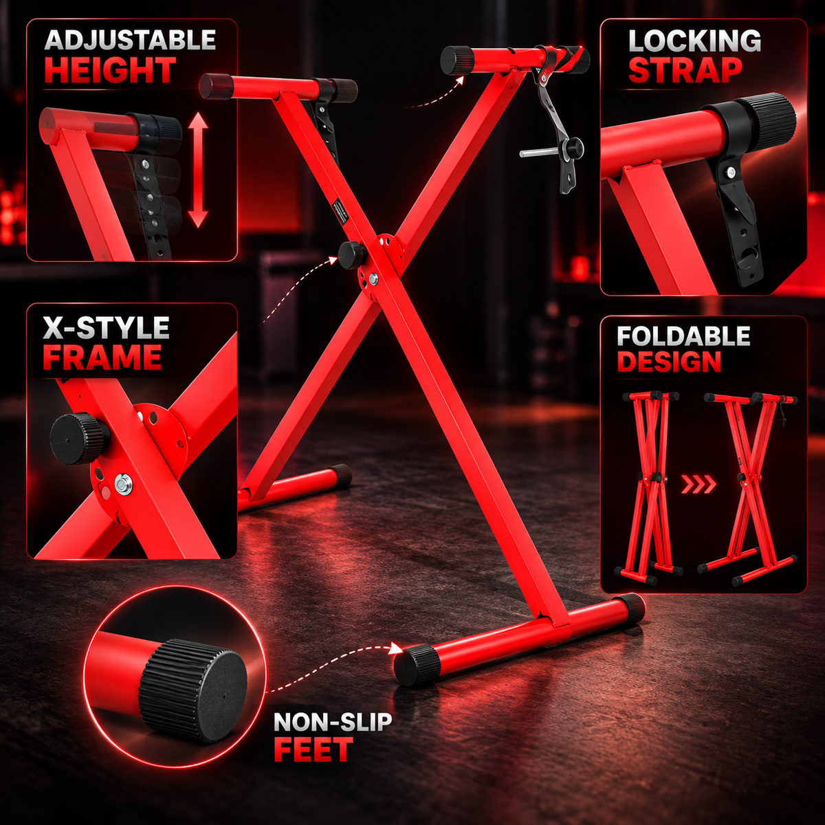 Red adjustable X-style gym stand with feature callout insets showing adjustable height, locking strap, X-style frame, foldable design, and non-slip feet on a dark gym floor.