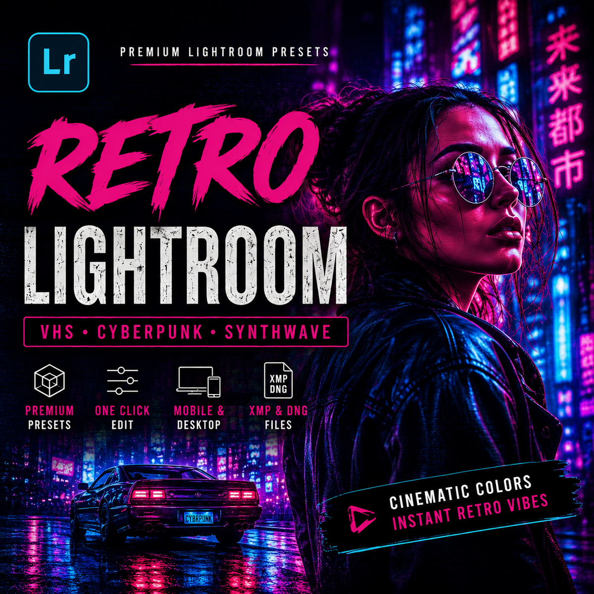 Promotional graphic for Lightroom presets titled 'Retro Lightroom' with a neon cyberpunk city scene, a woman in sunglasses, a car on wet pavement, and text highlighting VHS, cyberpunk, synthwave, cinematic colors, and instant retro vibes.