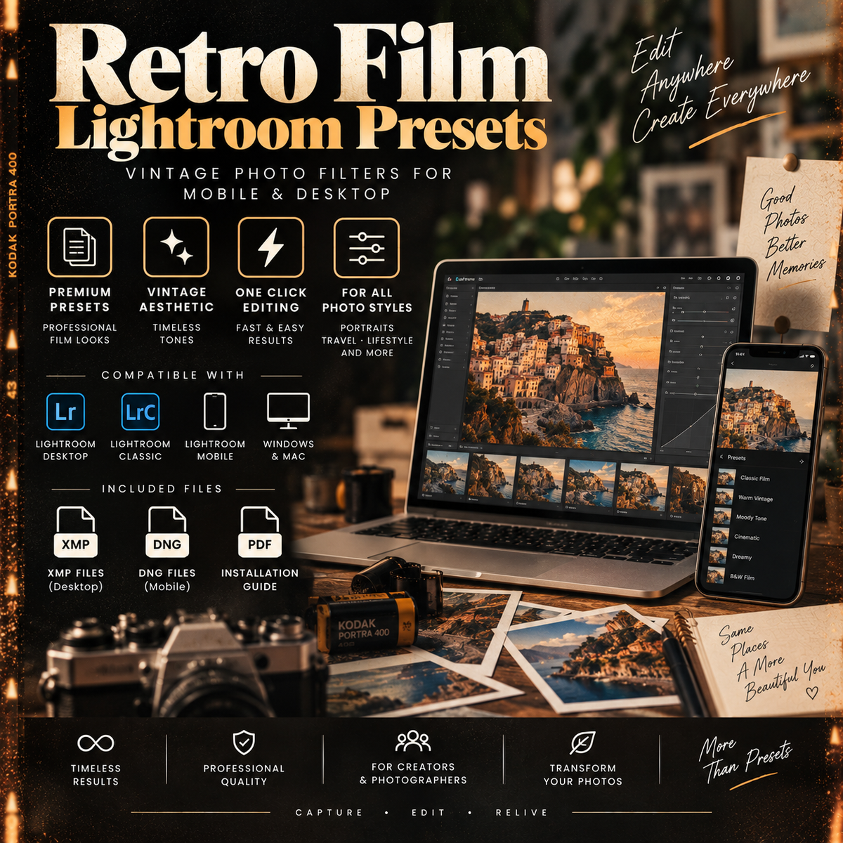 Promotional graphic for 'Retro Film Lightroom Presets' showing a laptop and smartphone displaying vintage-filtered photos, with text detailing compatibility with Lightroom, LrMC, Windows, and Mac, and included file formats like XMP, DNG, and PDF.