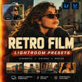 Promotional graphic for 'Retro Film Lightroom Presets' showing a woman in sunglasses with a warm vintage color grading effect. The design includes Lightroom and Mobile app icons, a before/after comparison inset, and sample photo thumbnails demonstrating the preset effects.