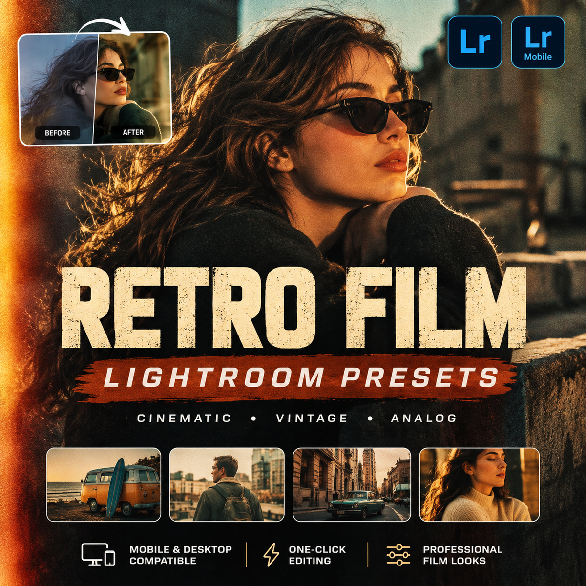 Promotional graphic for 'Retro Film Lightroom Presets' showing a woman in sunglasses with a warm vintage color grading effect. The design includes Lightroom and Mobile app icons, a before/after comparison inset, and sample photo thumbnails demonstrating the preset effects.