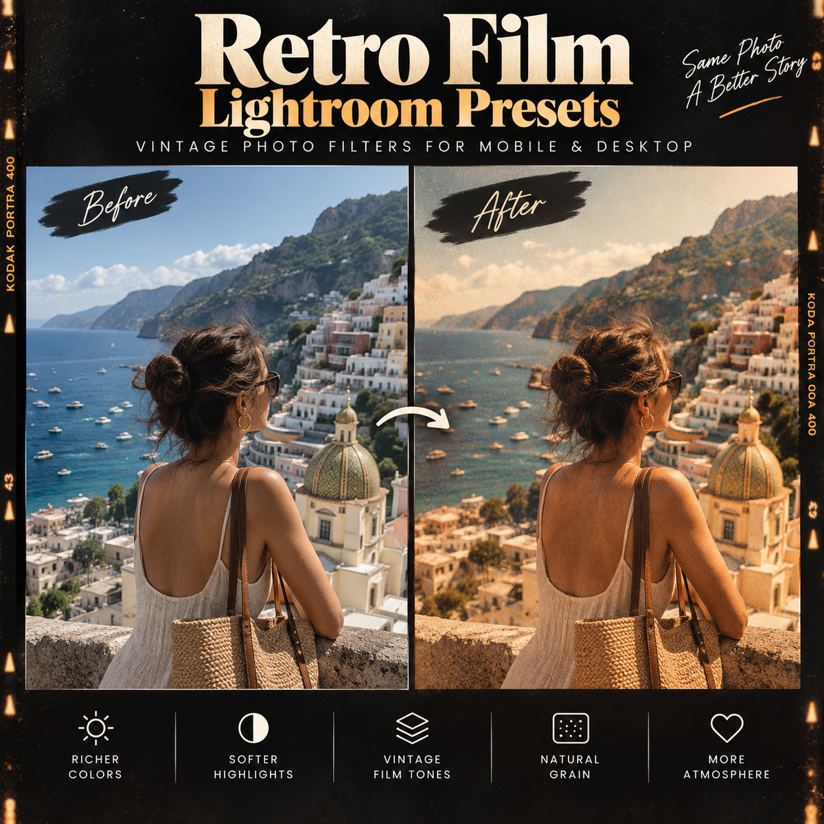 Promotional graphic for Retro Film Lightroom Presets, showing a before-and-after comparison of a woman photographed outdoors with a coastal town in the background. The left side is labeled 'Before' with vivid, saturated colors, and the right side is labeled 'After' with a warmer, vintage-toned treatment.