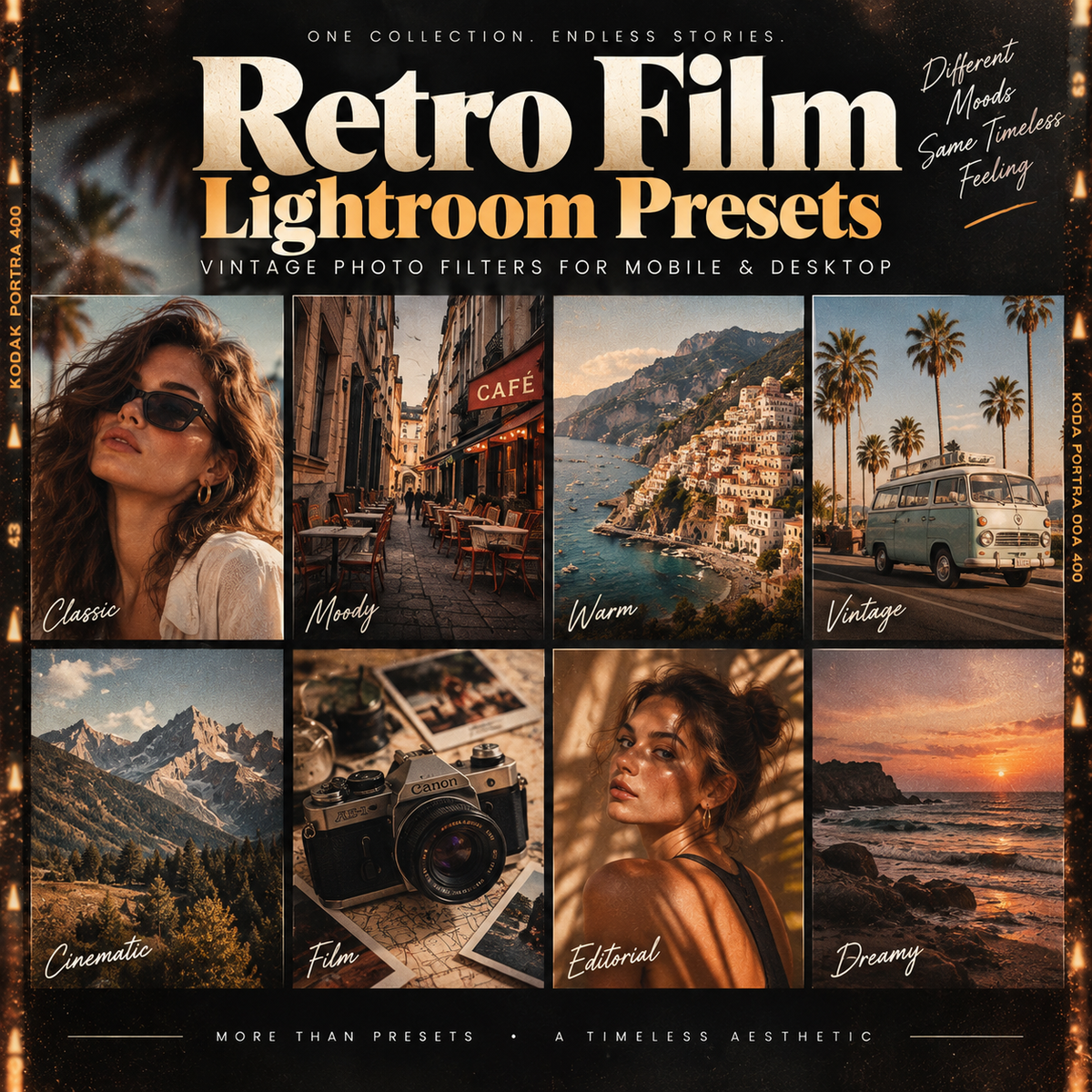 Promotional graphic for Retro Film Lightroom Presets, showing a collage of vintage-style photo examples with warm filters: a woman in sunglasses, a cafe street scene, a coastal hillside town, a retro van on a road, mountain landscape, camera still life, editorial portrait, and sunset beach scene. Large text reads 'Retro Film Lightroom Presets' with smaller descriptive copy.