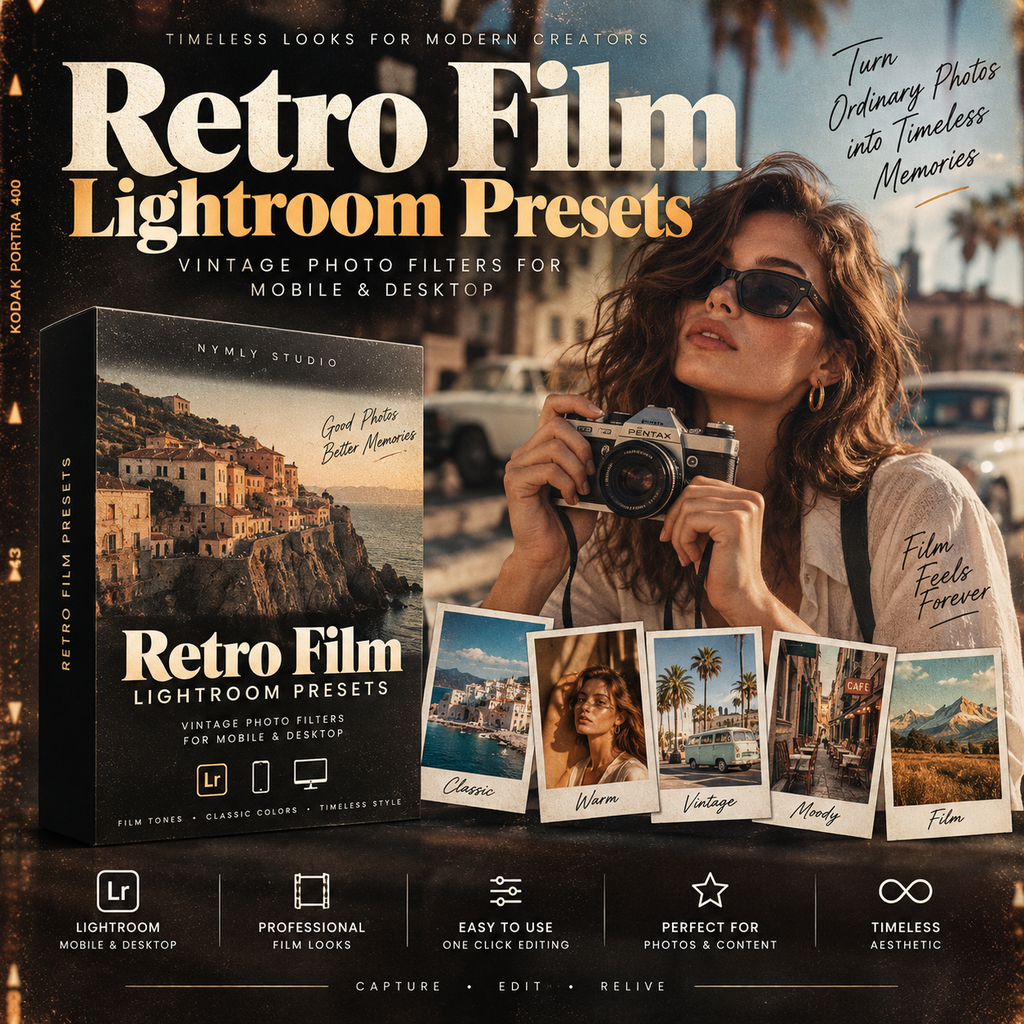 Promotional graphic for Retro Film Lightroom Presets, showing a woman holding a vintage camera with a warm, filtered photo aesthetic. The image includes text overlays, a product box mockup, four sample photo filters, and feature icons for Lightroom, mobile & desktop compatibility, and ease of use.