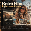 Promotional graphic for Retro Film Lightroom Presets, showing a woman holding a vintage camera with a warm, filtered photo aesthetic. The image includes text overlays, a product box mockup, four sample photo filters, and feature icons for Lightroom, mobile & desktop compatibility, and ease of use.