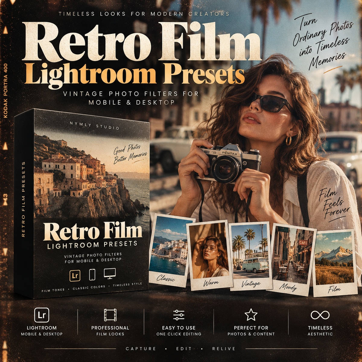 Promotional graphic for Retro Film Lightroom Presets, showing a woman holding a vintage camera with a warm, filtered photo aesthetic. The image includes text overlays, a product box mockup, four sample photo filters, and feature icons for Lightroom, mobile & desktop compatibility, and ease of use.