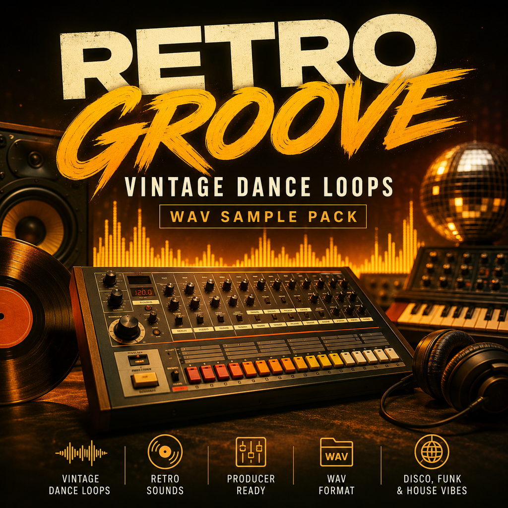 Promotional cover art for a WAV sample pack titled 'RETRO GROOVE VINTAGE DANCE LOOPS'. The design features a dark, retro-themed layout with a synthesizer, vinyl records, a keyboard, a disco ball, and headphones on a dark wooden surface.