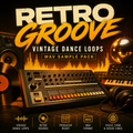 Promotional cover art for a WAV sample pack titled 'RETRO GROOVE VINTAGE DANCE LOOPS'. The design features a dark, retro-themed layout with a synthesizer, vinyl records, a keyboard, a disco ball, and headphones on a dark wooden surface.