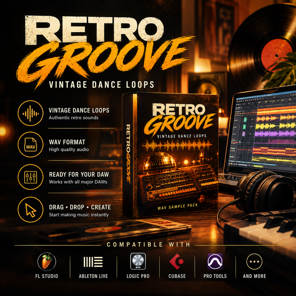 Promotional graphic for a digital sample pack titled 'RETRO GROOVE - VINTAGE DANCE LOOPS' with a central product box, a laptop showing audio waveform, headphones, vinyl records, and compatibility logos for FL Studio, Ableton Live, Logic Pro, Cubase, and Pro Tools.