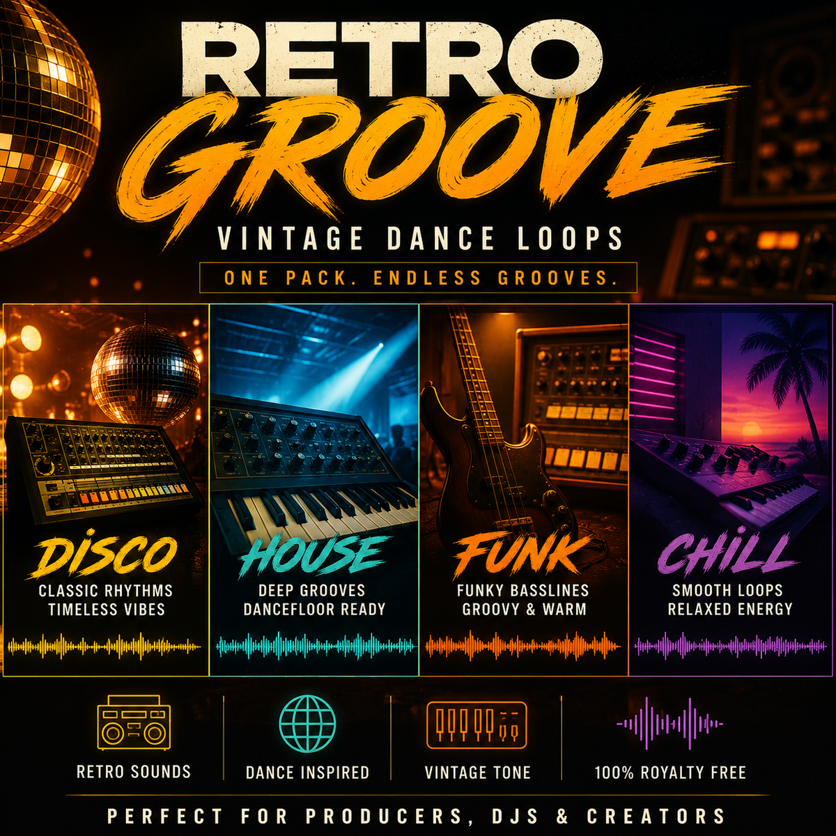 Promotional graphic for a music production pack titled 'RETRO GROOVE' with the subtitle 'VINTAGE DANCE LOOPS.' The design uses a dark background with glowing disco elements and four vertical panels labeled Disco, House, Funk, and Chill, each showing retro instruments and scenes.