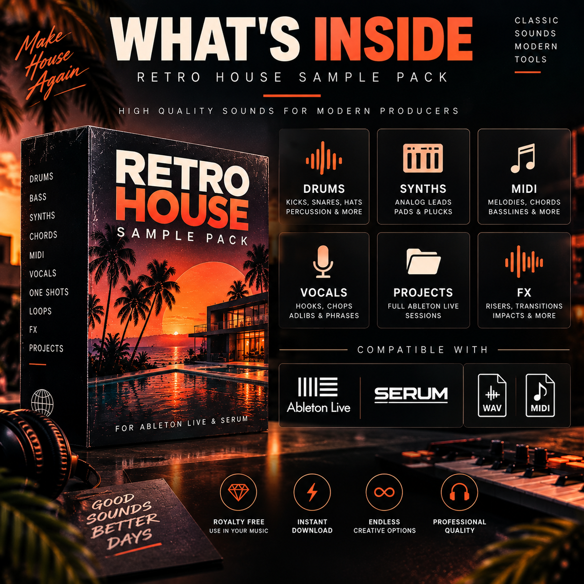 Promotional graphic for a 'Retro House Sample Pack' showing a boxed audio sample pack cover with a sunset pool scene, surrounded by feature tiles for drums, synths, midi, vocals, projects, and FX. Text reads 'What's Inside' and 'Retro House Sample Pack,' with Ableton Live and Serum compatibility logos at the bottom.