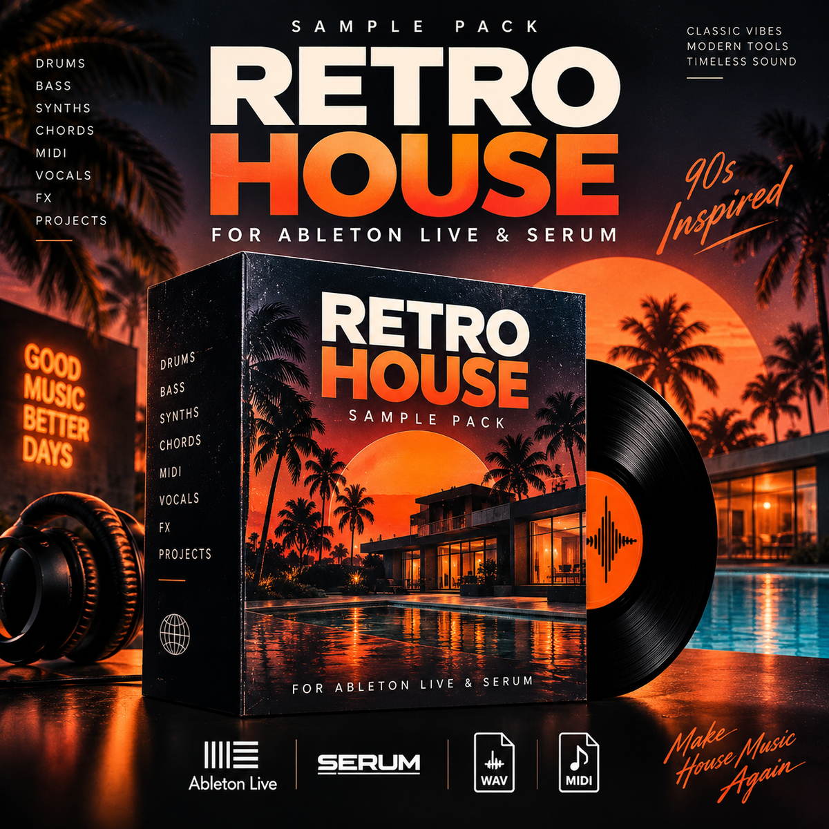 Promotional cover art for a 'Retro House' sample pack designed for Ableton Live and Serum. The image features a 3D box mockup displaying a tropical sunset scene, a black vinyl record with an orange center label, and a pair of headphones on a dark reflective surface.