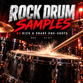 Promotional cover art for a digital sample pack titled 'ROCK DRUM SAMPLES' with the subtitle '44 KICK & SNARE ONE-Shots', showing a black snare drum, cymbals, and a drumstick striking the drum head in a dramatic studio scene.