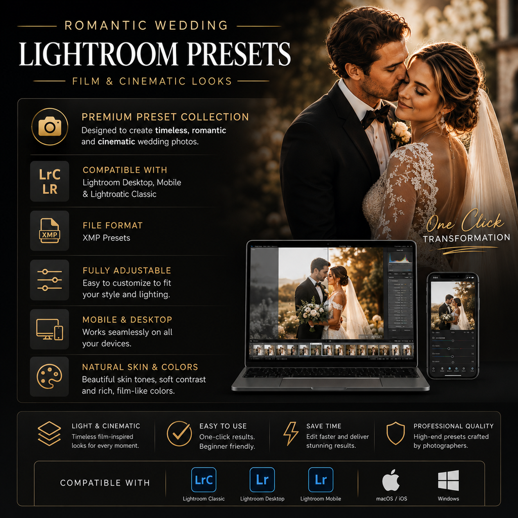 Promotional graphic for Lightroom preset packs, featuring a bride and groom couple on the right, a laptop and phone showing edited wedding photos in the center, and feature callouts on the left. Text reads 'Romantic Wedding Lightroom Presets' and lists compatibility with Lightroom Desktop, Mobile, and Classic, plus macOS and Windows.