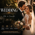 Promotional graphic for 'Romantic Wedding Lightroom Presets' showing a bride and groom embracing in warm golden-hour lighting, with text overlays describing cinematic film tones and compatibility with Lightroom CC and Lightroom Mobile.