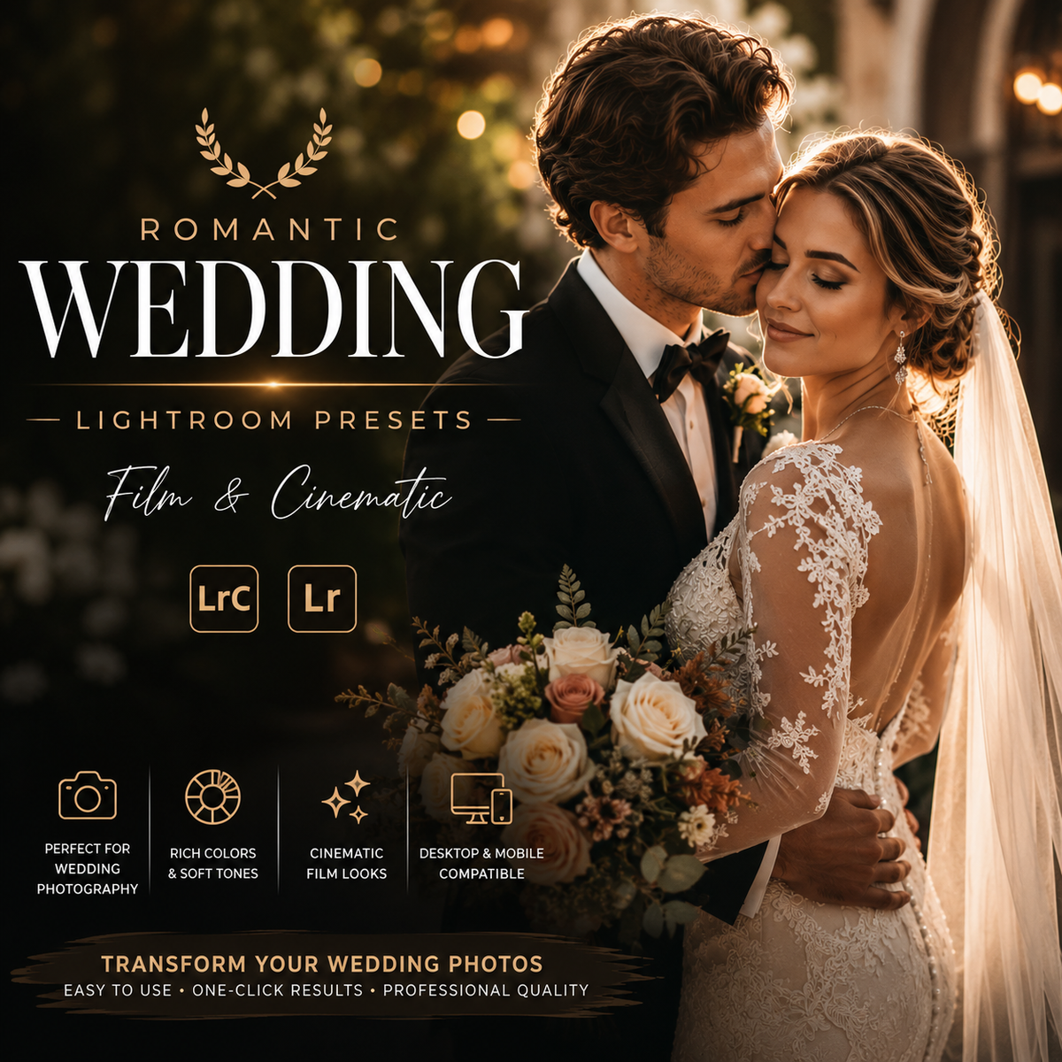 Promotional graphic for 'Romantic Wedding Lightroom Presets' showing a bride and groom embracing in warm golden-hour lighting, with text overlays describing cinematic film tones and compatibility with Lightroom CC and Lightroom Mobile.