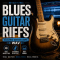 Promotional cover art for a blues guitar riffs loop pack, featuring a large electric guitar on a dark studio background with text reading 'ROYALTY-FREE BLUES GUITAR RIFFS', 'ELECTRIC GUITAR LOOPS', and 'WAV'.