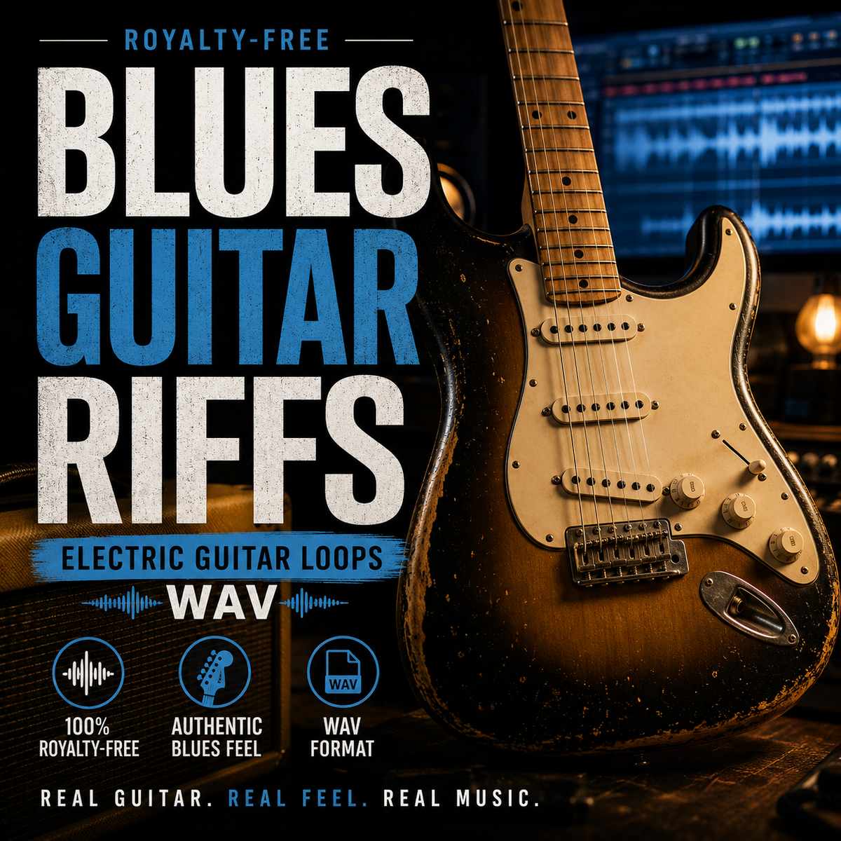 Promotional cover art for a blues guitar riffs loop pack, featuring a large electric guitar on a dark studio background with text reading 'ROYALTY-FREE BLUES GUITAR RIFFS', 'ELECTRIC GUITAR LOOPS', and 'WAV'.