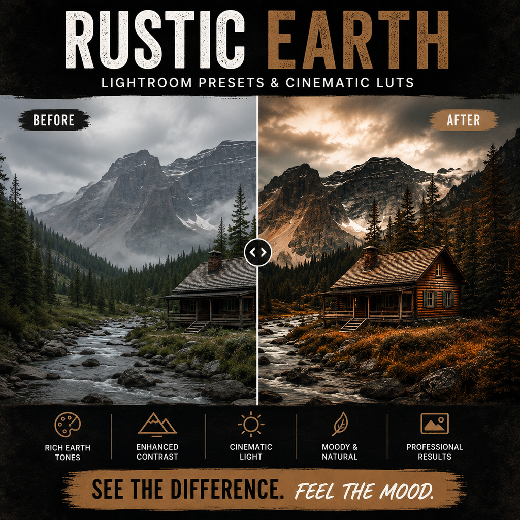 Promotional graphic for 'Rustic Earth' Lightroom presets and cinematic luts, showing a mountain cabin landscape split into a dark, moody 'Before' version and a warm, golden 'After' version. The design features a black background with bold textured white and brown lettering and five feature icons at the bottom.