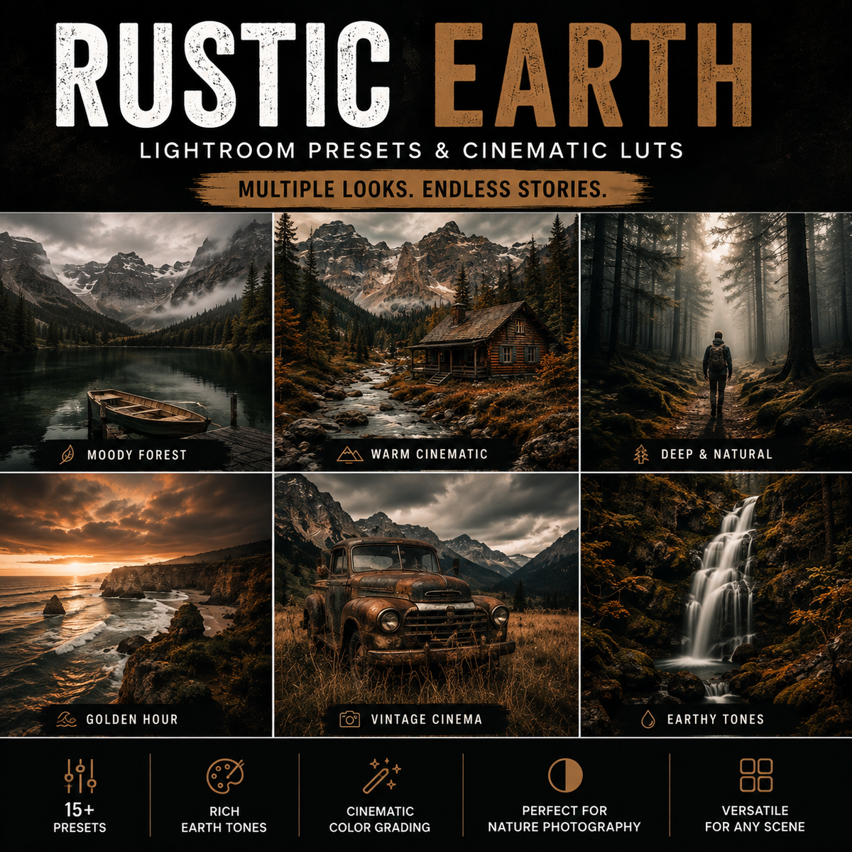 Promotional graphic for 'Rustic Earth' Lightroom presets and cinematic Luts, showing six sample landscape photo panels with mountain lakes, a cabin in a forest, a forest path, a rocky shoreline at sunset, an old truck in a mountain scene, and a waterfall. Text at the bottom highlights 15+ presets, rich earth tones, cinematic color grading, and suitability for landscape photography.
