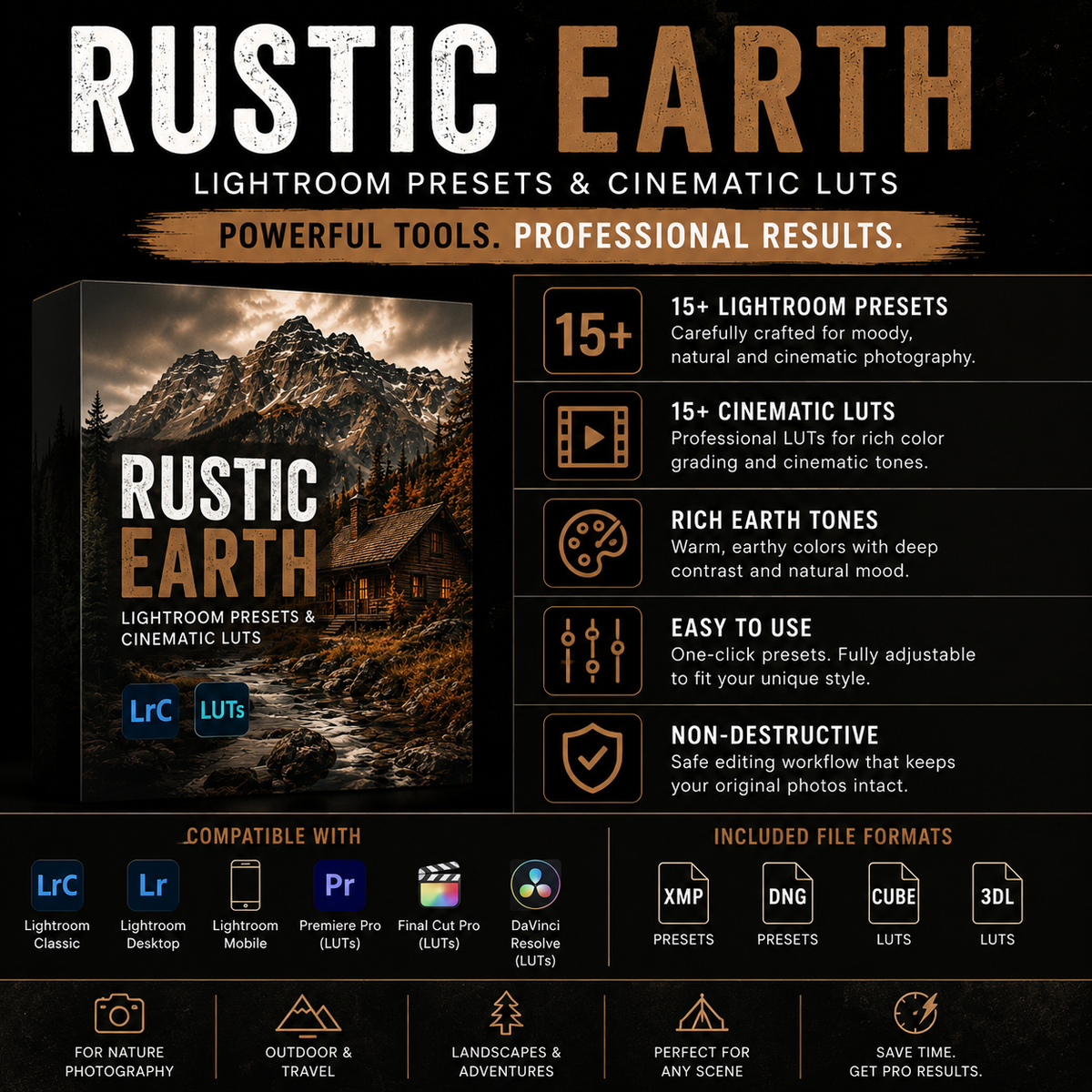 Promotional graphic for 'Rustic Earth' Lightroom presets and cinematic Luts, showing a dark-themed layout with a product box, feature icons, compatibility logos for Lightroom and Premiere Pro, and file format icons.