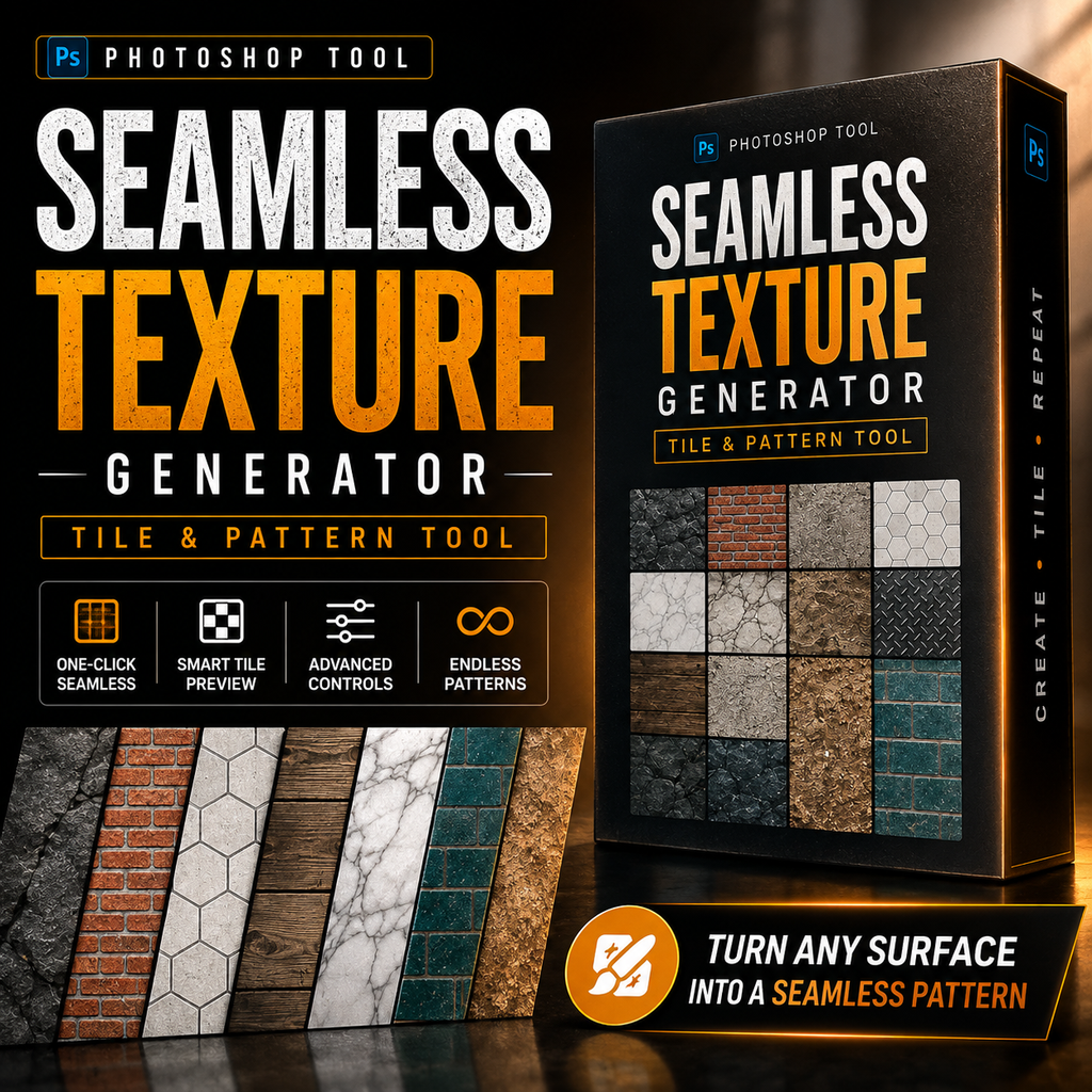 Promotional graphic for a Photoshop tool called Seamless Texture Generator, showing a black product box, feature callouts, and several sample texture swatches including brick, wood, marble, and stone patterns.