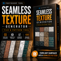 Promotional graphic for a Photoshop tool called Seamless Texture Generator, showing a black product box, feature callouts, and several sample texture swatches including brick, wood, marble, and stone patterns.