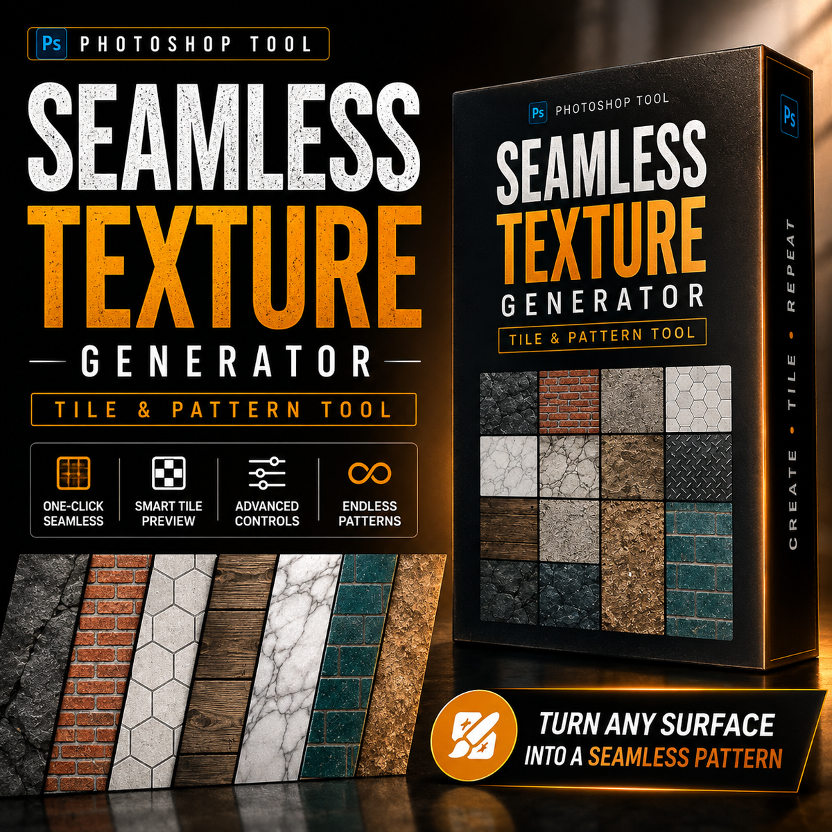 Promotional graphic for a Photoshop tool called Seamless Texture Generator, showing a black product box, feature callouts, and several sample texture swatches including brick, wood, marble, and stone patterns.