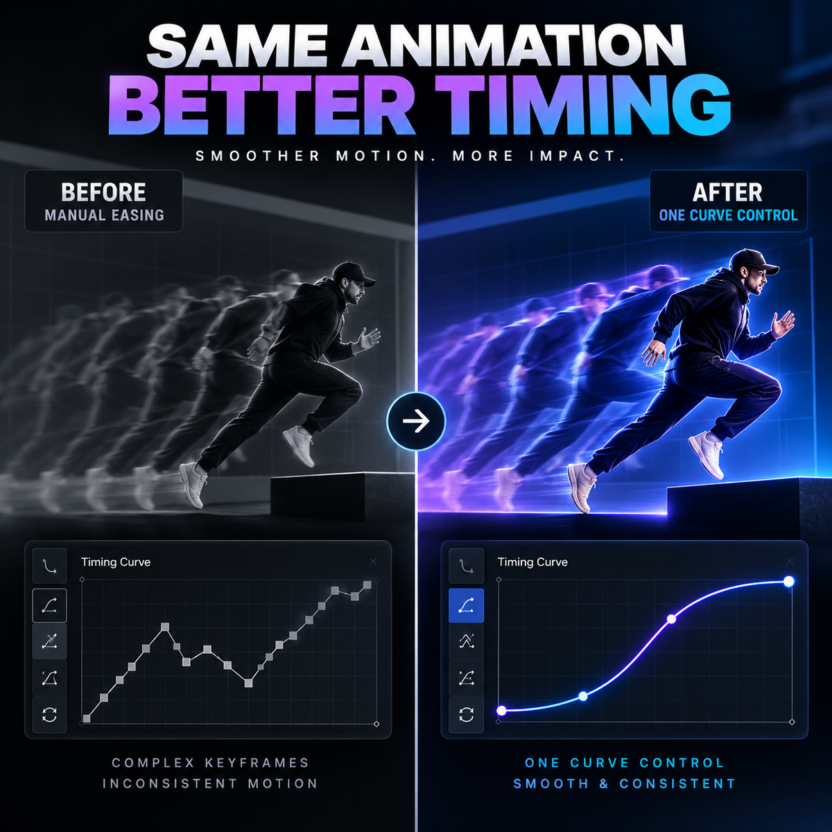 Promotional comparison graphic for animation timing. The top text reads 'SAME ANIMATION BETTER TIMING' with a grayscale 'Before' side showing a running figure with motion blur and a messy timing curve, and a colorful 'After' side showing the same figure with crisp motion and a smooth blue-purple curve.