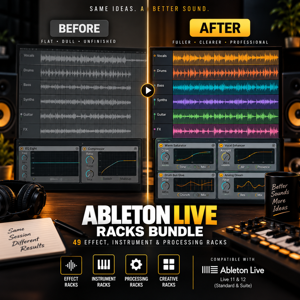 Promotional graphic for Ableton Live Racks Bundle, showing a before-and-after comparison of audio workstation interfaces. The left 'Before' panel is dark and flat, while the right 'After' panel is brighter, cleaner, and more professional, with multicolored audio waveforms.