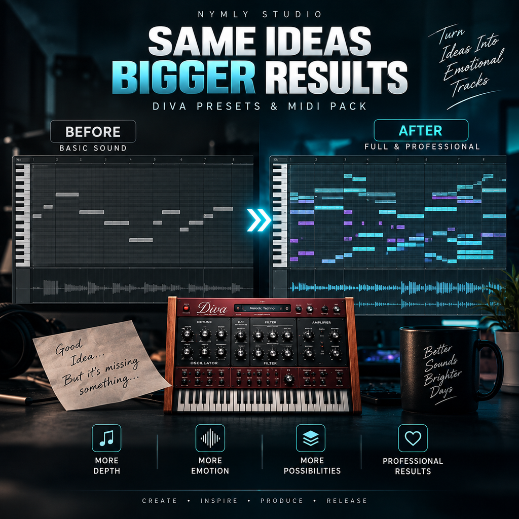Promotional graphic for a music production preset and MIDI pack by Nymly Studio, showing a vintage modular synth in the center, a 'Before' and 'After' comparison of audio waveform editing, a mug with the phrase 'Better Sounds Brighter Days,' and feature icons for more depth, emotion, possibilities, and results.