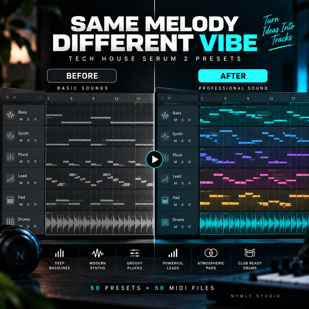 Promotional graphic for 'Same Melody Different Vibe' Tech House Serum 2 presets by Ntmly Studio, showing a side-by-side comparison of basic and professional sound design workflows with colorful audio waveforms.