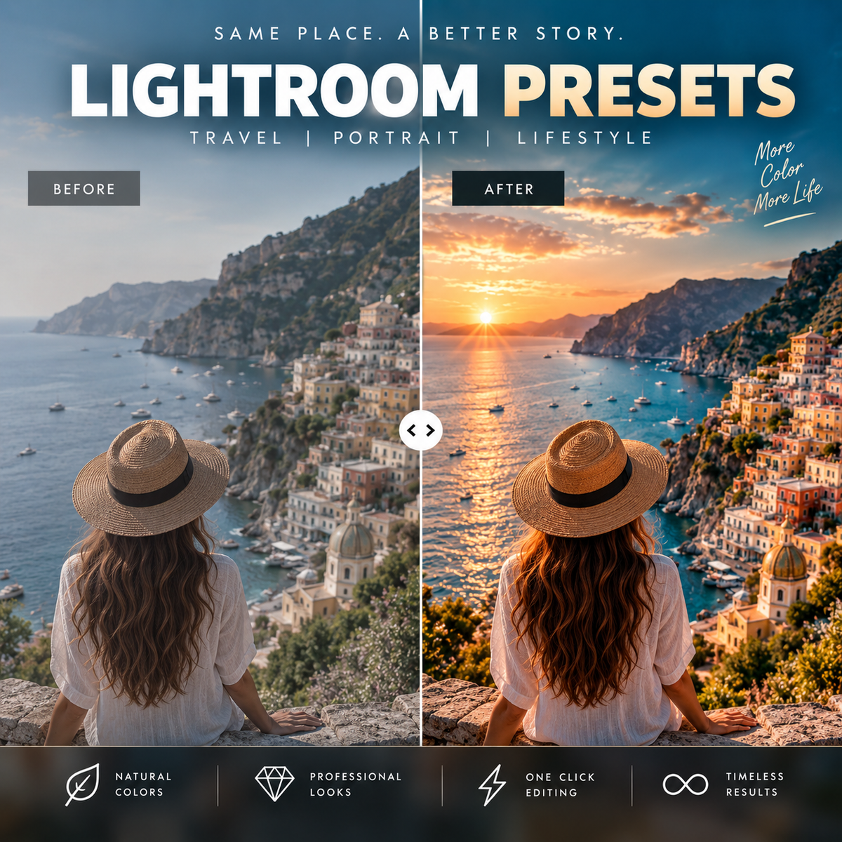 Promotional graphic for Lightroom presets showing a coastal town scene with a woman in a straw hat seen from behind, split into a before/after comparison. Large text reads 'LIGHTROOM PRESETS' with smaller text 'TRAVEL | PORTRAIT | LIFESTYLE' and feature icons along the bottom.