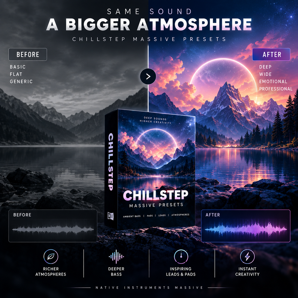 Promotional graphic for Chillstep Massive Presets showing a software box mockup centered over a dramatic mountain-and-lake landscape with a glowing moon. Text reads 'Same Sound A Bigger Atmosphere' and includes Before/After waveform comparisons and feature callouts.